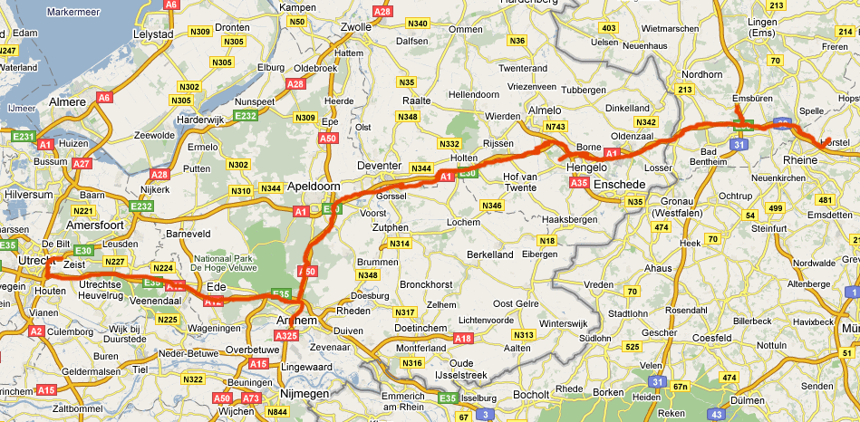 Route from De Bilt via Arnhem and Borne to Rheine, ausfahrt 9 (Hrstel)