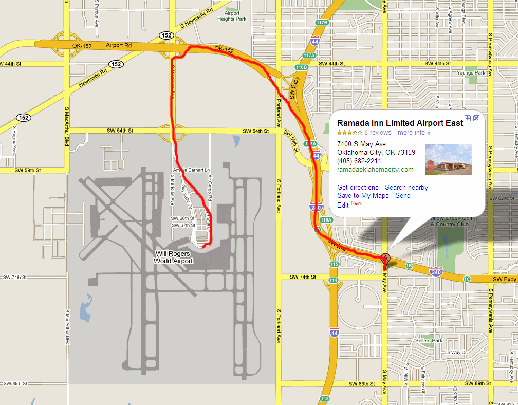 Route from Oklahoma, Will Rogers World Airport to Oklahoma, Ramada Inn Limited Airport East