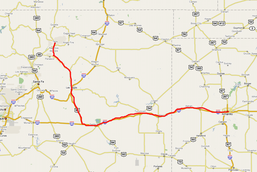 Route from Amarillo, Texas to Taos, New Mexico
