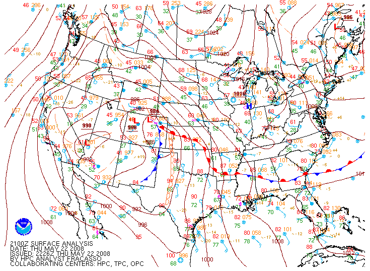 Surface Map on 22 may 2008 at 21:00 UTC