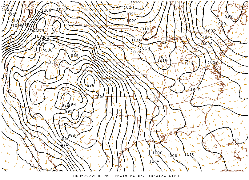 MSL Pressure and Surface Wind on 22 may 2008 at 23:00 UTC