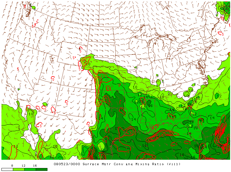 Surface Moisture and Mixing Ratio on 23 may 2008 at 00:00 UTC