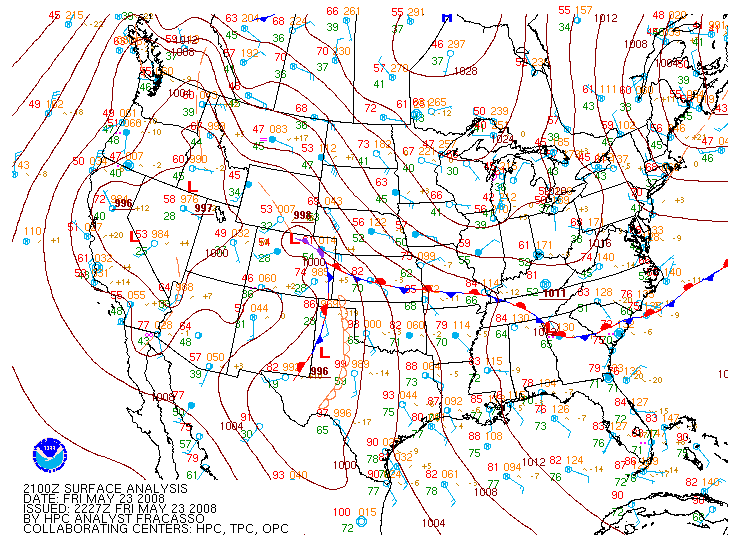 Surface Map on 23 may 2008 at 21:00 UTC