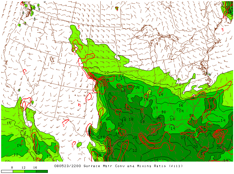 Surface Moisture and Mixing Ratio on 23 may 2008 at 22:00 UTC