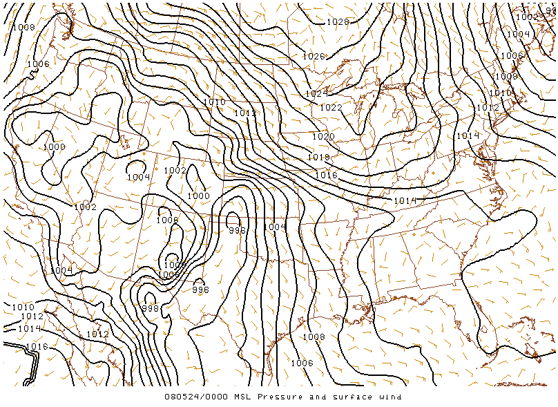 MSL Pressure and Surface Wind on 24 may 2008 at 20:00 UTC