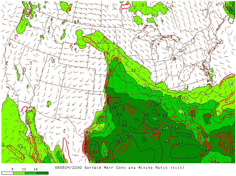 Surface Moisture and Mixing Ratio on 24 may 2008 at 22:00 UTC