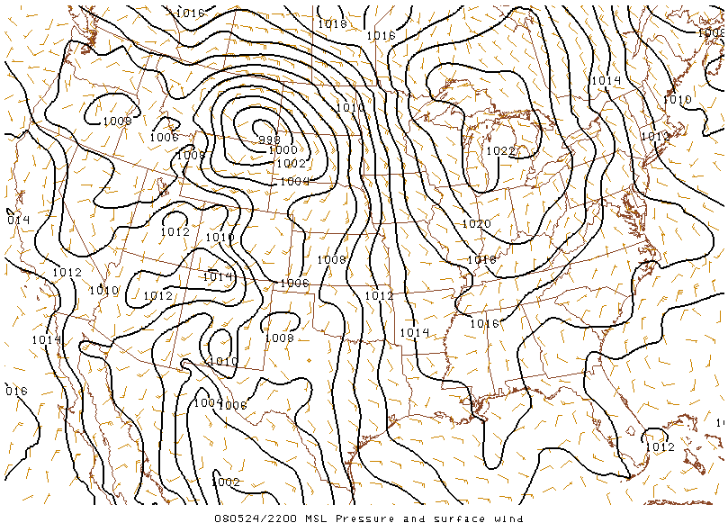 MSL Pressure and Surface Wind on 24 may 2008 at 22:00 UTC