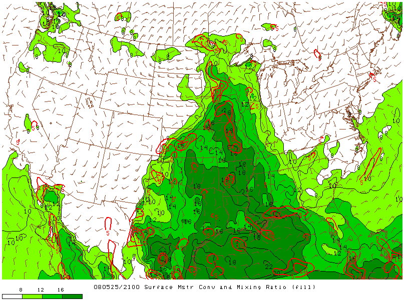 Surface Moisture and Mixing Ratio on 25 may 2008 at 21:00 UTC