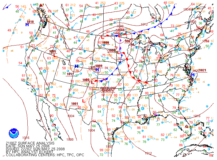 Surface Map on 25 may 2008 at 21:00 UTC