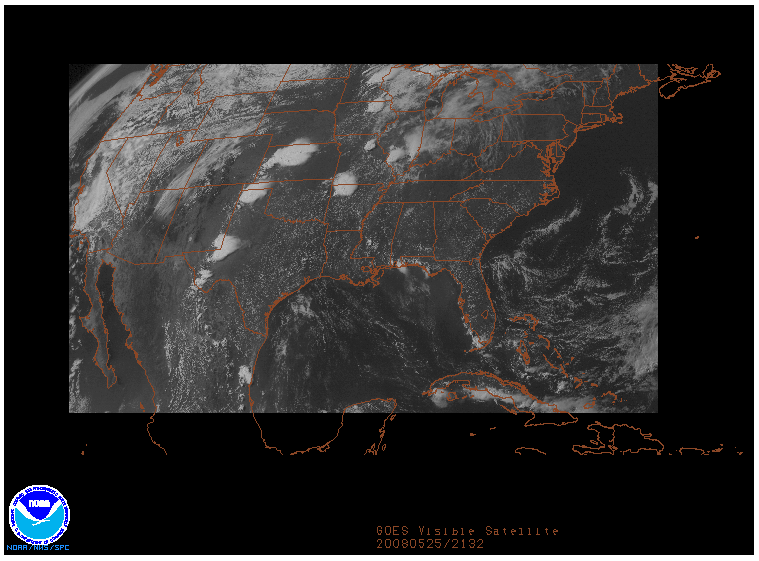 GOES Visible image on 25 may 2008 at 21:32 UTC