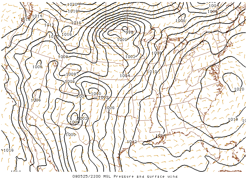 MSL Pressure and Surface Wind on 25 may 2008 at 22:00 UTC