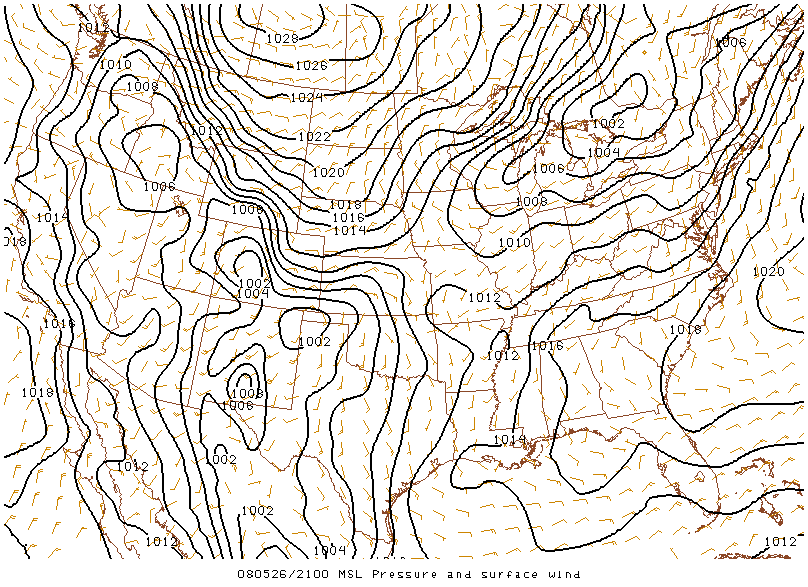 MSL Pressure and Surface Wind on 26 may 2008 at 21:00 UTC