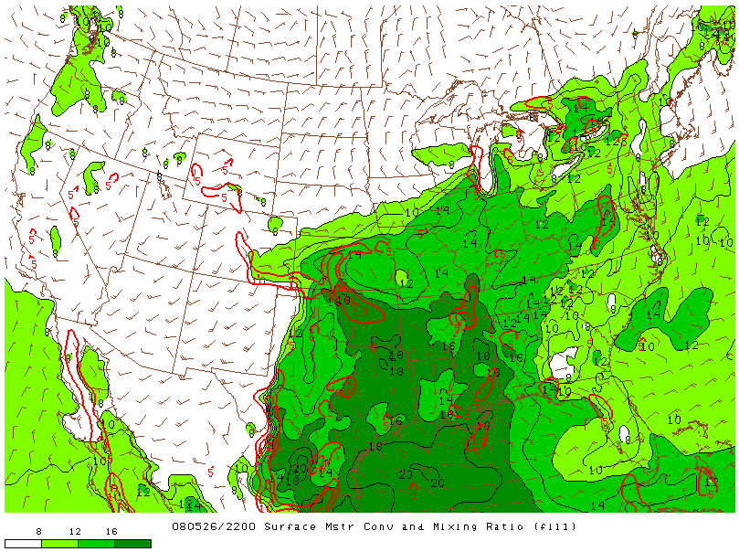 Surface Moisture and Mixing Ratio on 26 may 2008 at 22:00 UTC