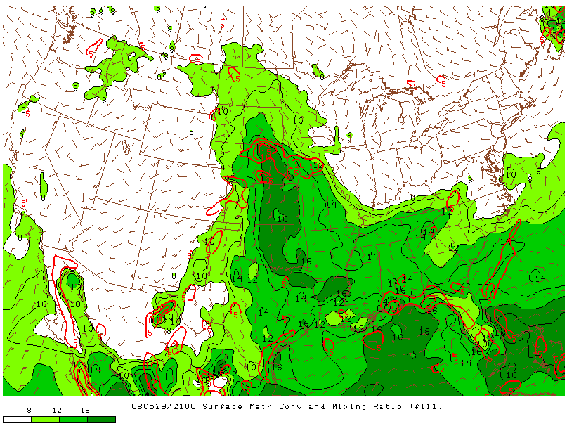 Surface Moisture and Mixing Ratio on 29 may 2008 at 21:00 UTC