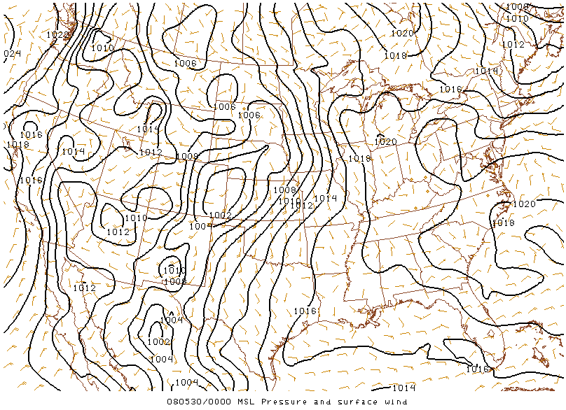 MSL Pressure and Surface Wind on 30 may 2008 at 00:00 UTC