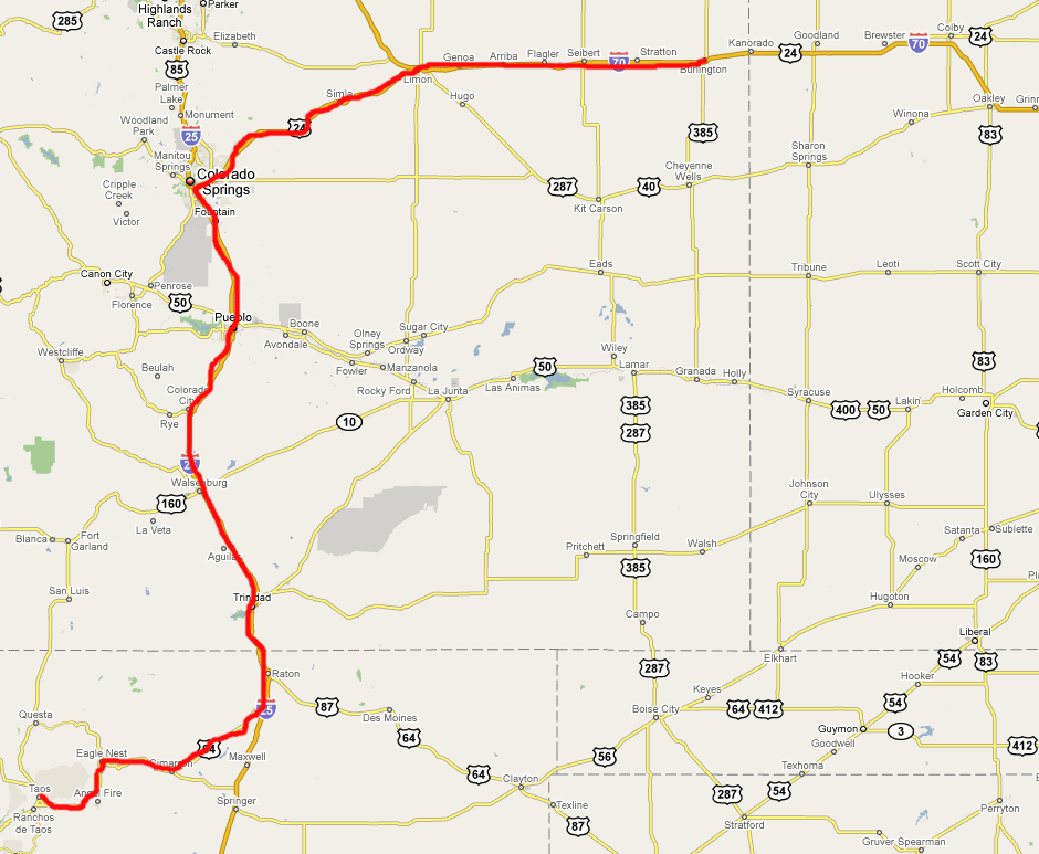 Route from Taos (New Mexico) via Raton, Trinidad, Pueblo, Colorado Springs, Limon to Burlington (Colorado)