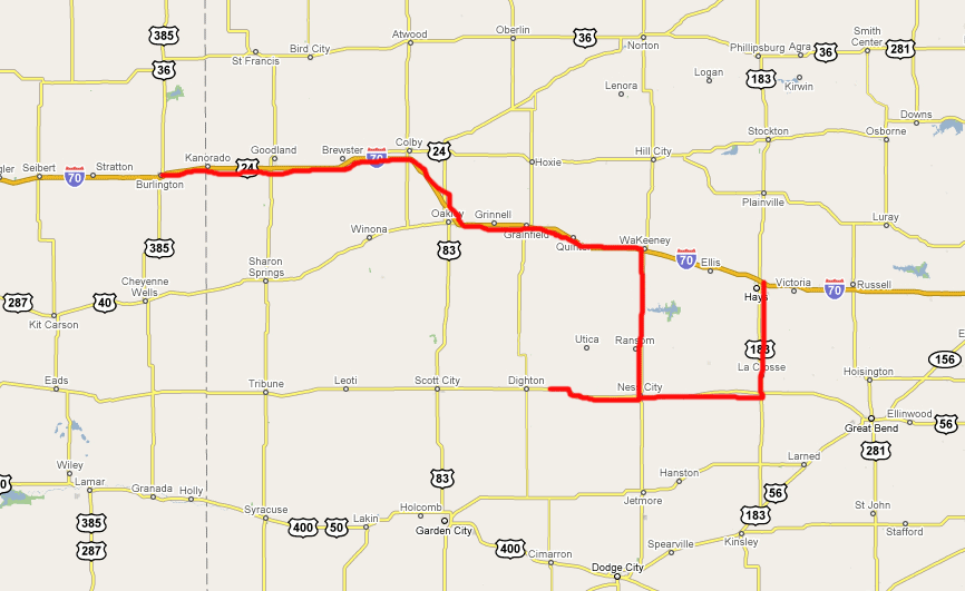 Route from Burlington in Colorado to Colby, WaKeeney and Ness City to Hays in Kansas