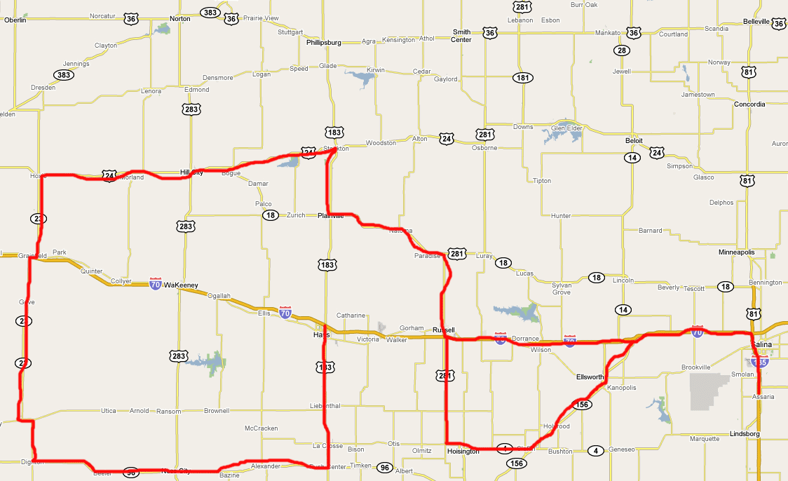 Route from Hays via Hoxie to Russell (Kansas)