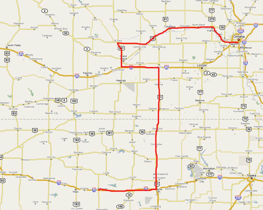Route from Russell > (Kansas) > Grand Island (Nebraska) > St. Paul > Columbus > Omaha)