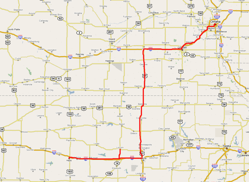 Route from Omaha > I-80 > York (Nebraska) > 81 > Salina > I-70 > Lincoln > Hays (Kansas)