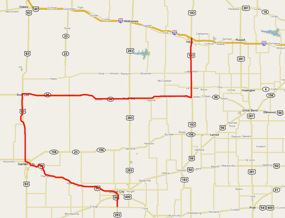 Route from Hays (Kansas) > Dodge City > circling around > Dodge City (Kansas)