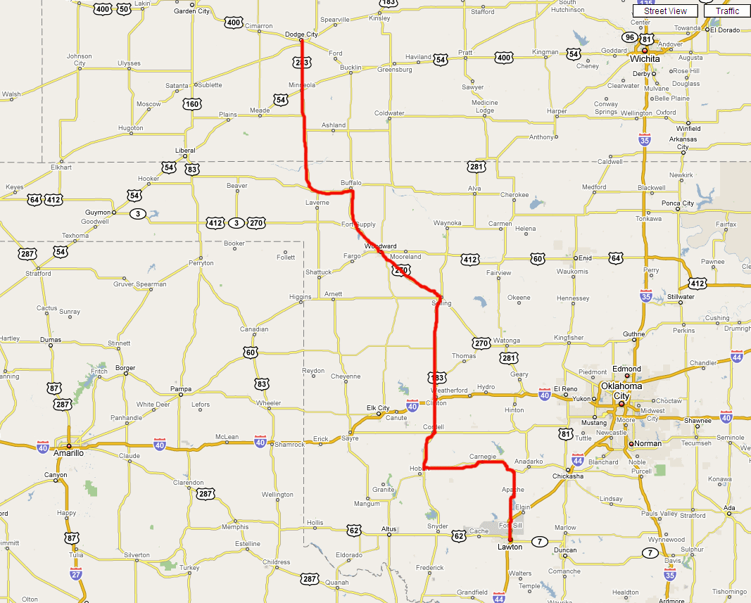 Route from Dodge City (Kansas) > Clinton > Lawton (Oklahoma)