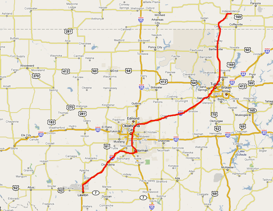 Route from Lawton > Oklohoma > Norman > Independance (Kansas)