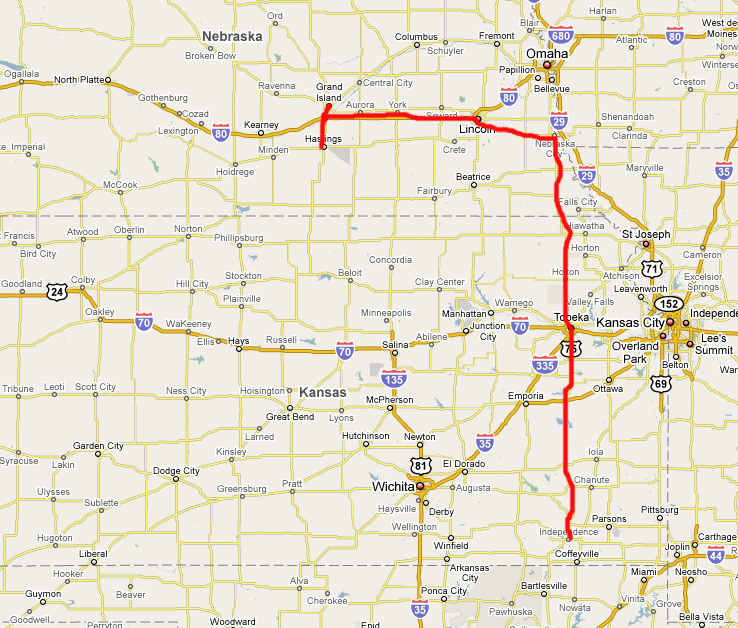Route from Independence, Topeka (Kansas) to Nebraska City, Lincoln, York, Aurora, Grand Island, Hastings (Nebraska)