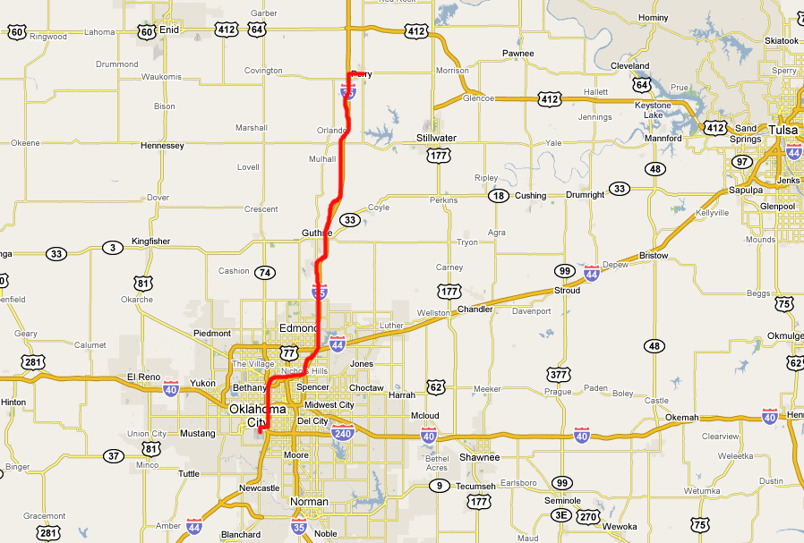 map from Perry to Oklahoma City, Will Rogers World Airport
