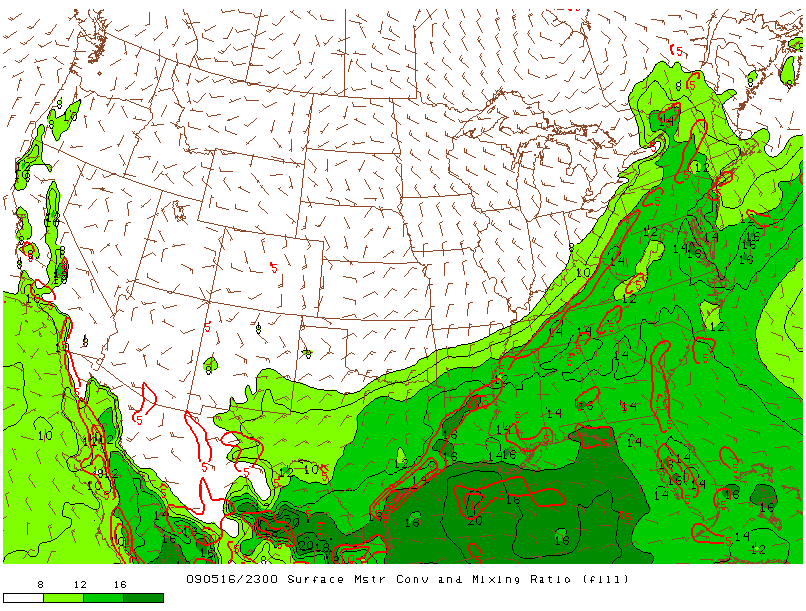 Surface Moisture and Mixing Ratio on 16 may 2009 at 23:00 UTC