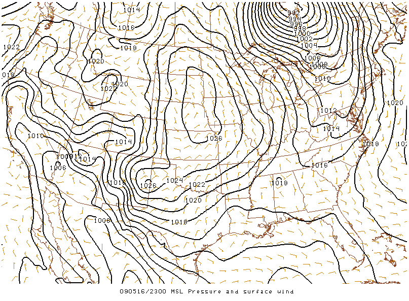 MSL Pressure and Surface Wind on 16 may 2009 at 23:00 UTC