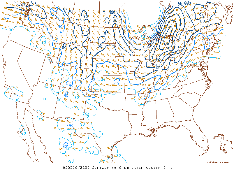 Surface to 6km shear vector on 16 may 2009 at 23:00 UTC