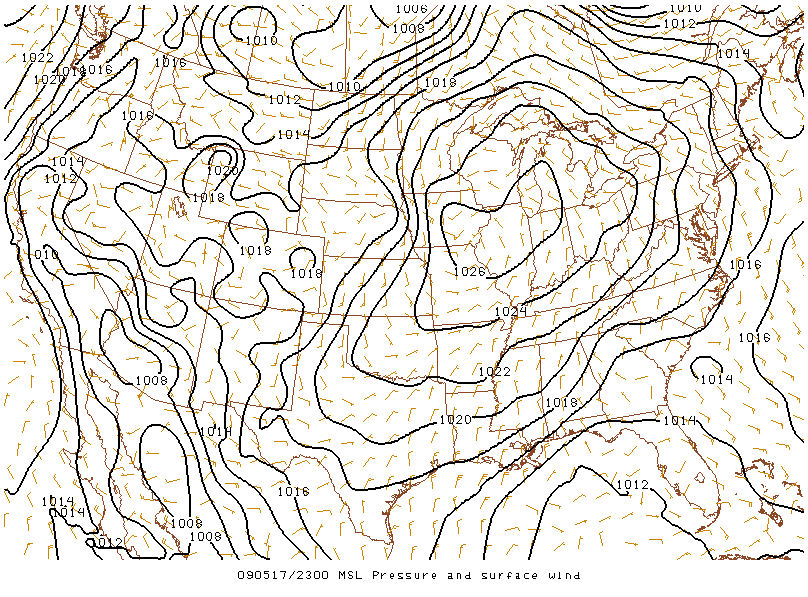 MSL Pressure and Surface Wind on 17 may 2009 at 23:00 UTC