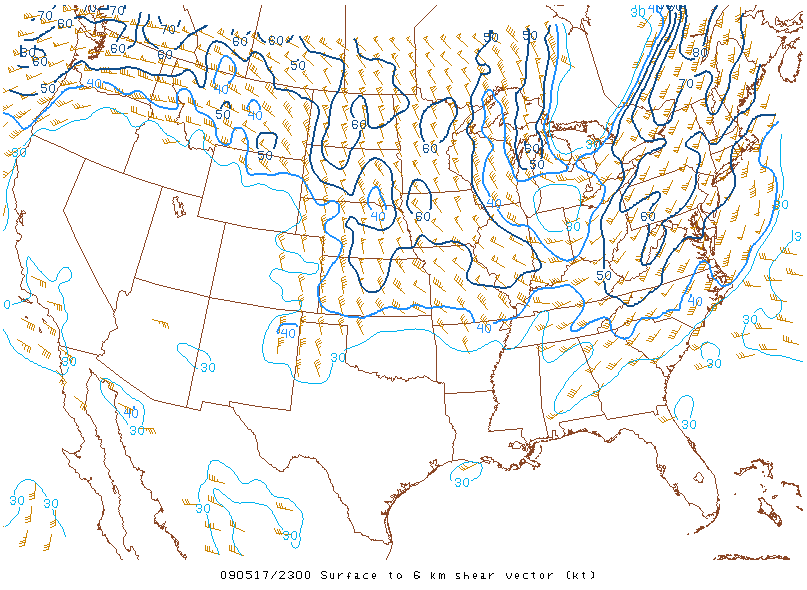 Surface to 6km shear vector on 17 may 2009 at 23:00 UTC