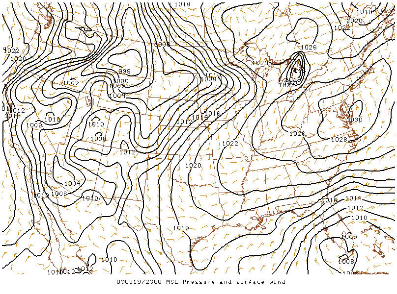 MSL Pressure and Surface Wind on 19 may 2009 at 23:00 UTC