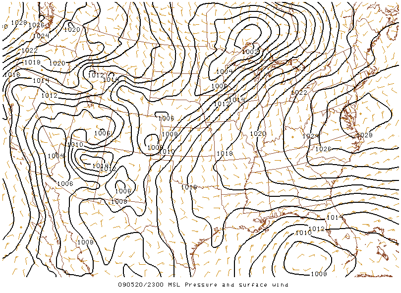 MSL Pressure and Surface Wind on 20 may 2009 at 23:00 UTC