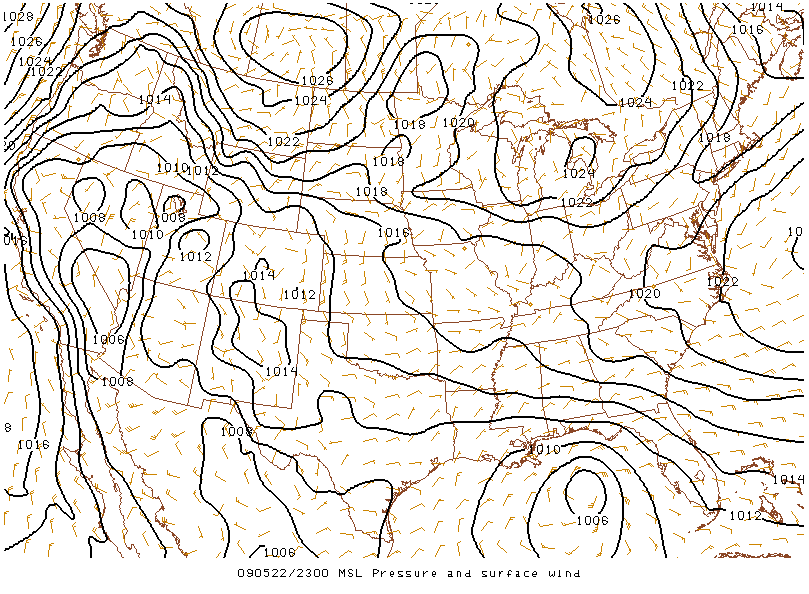 MSL Pressure and Surface Wind on 22 may 2009 at 23:00 UTC