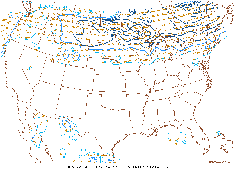 Surface to 6km shear vector on 22 may 2009 at 23:00 UTC