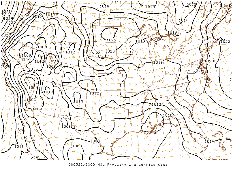 MSL Pressure and Surface Wind on 23 may 2009 at 23:00 UTC