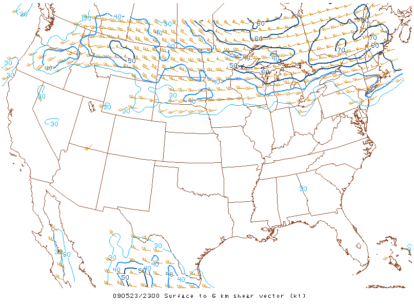 Surface to 6km shear vector on 23 may 2009 at 23:00 UTC