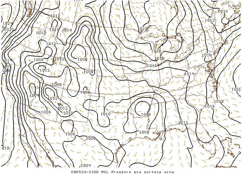 MSL Pressure and Surface Wind on 24 may 2009 at 23:00 UTC