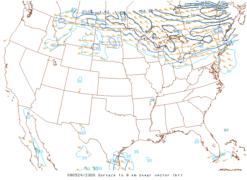 Surface to 6km shear vector on 24 may 2009 at 23:00 UTC