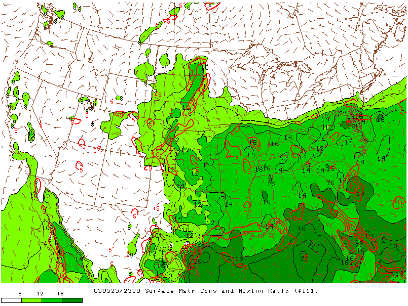 Surface Moisture and Mixing Ratio on 25 may 2009 at 23:00 UTC