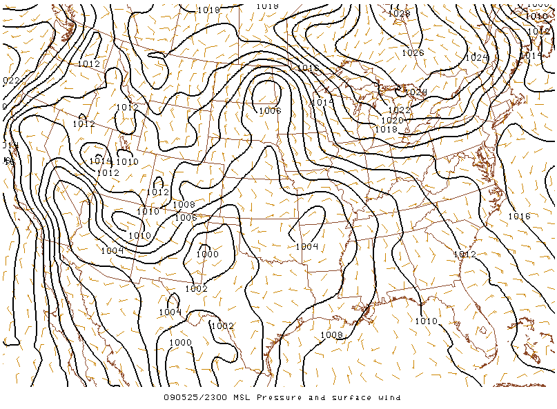 MSL Pressure and Surface Wind on 25 may 2009 at 23:00 UTC