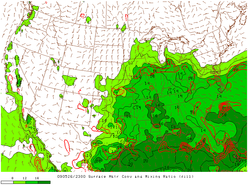 Surface Moisture and Mixing Ratio on 26 may 2009 at 23:00 UTC