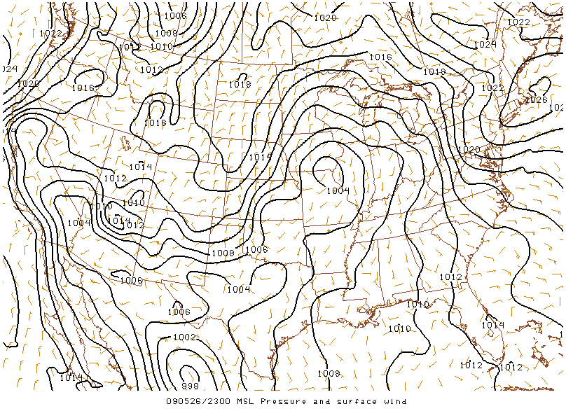 MSL Pressure and Surface Wind on 26 may 2009 at 23:00 UTC