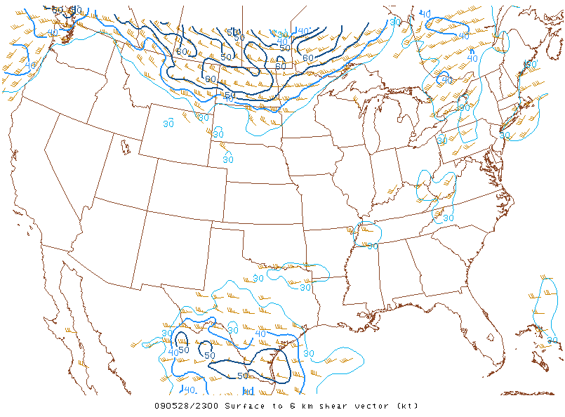 Surface to 6km shear vector on 28 may 2009 at 23:00 UTC