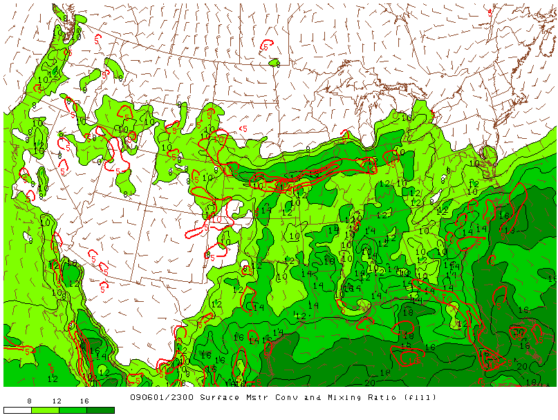 Surface Moisture and Mixing Ratio on 1 june 2009 at 23:00 UTC