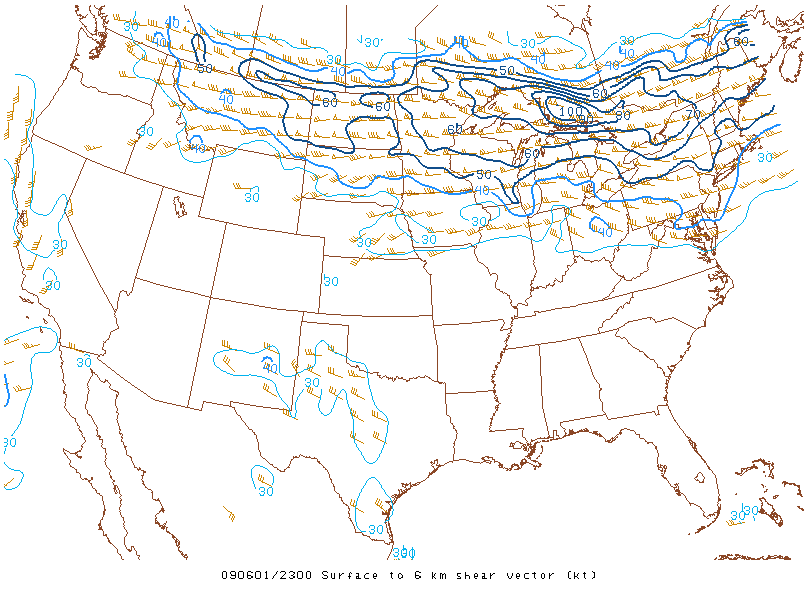 Surface to 6km shear vector on 1 june 2009 at 23:00 UTC